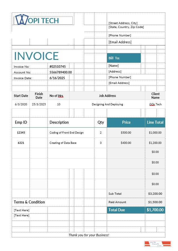 Job Invoice Template PSD template